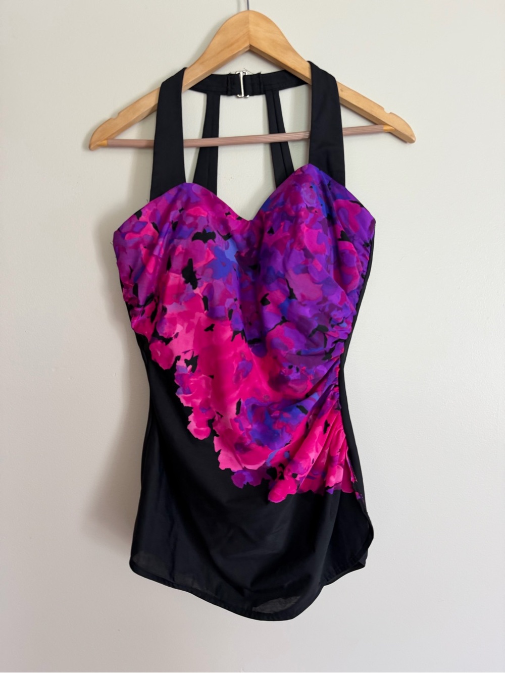 Lands' End Skirted Front Swimsuit 12 DDD Bathing Suit Draped Pink Purple Black